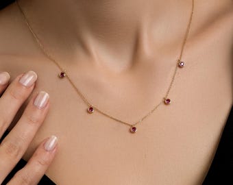 14K Solid Yellow Gold Ruby Necklace, Ruby Station Necklace, Bezel Set Solitaire Ruby Necklace July Birthstone