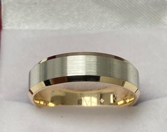 Two Tone Gold Wedding Bands, Satin Finish Beveled Edge Mens Wedding Rings, 6mm 10K 14K 18K White and Yellow Gold Mens Wedding Bands