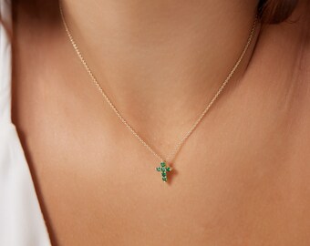 14K Yellow Gold Cross Necklace, Emerald Cross Necklace, Diamond Cross Necklace, Minimalist Cross Necklace ,Green Emerald, May Birthstone