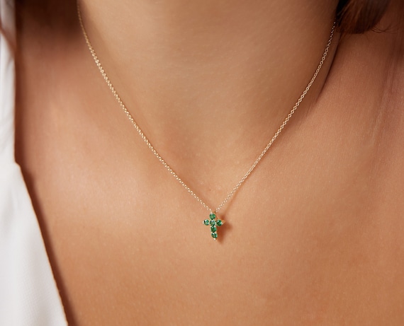 14K Yellow Gold Cross Necklace Emerald Cross Necklace Diamond Cross Necklace Minimalist Cross Necklace green Emerald May Birthstone Etsy Canada