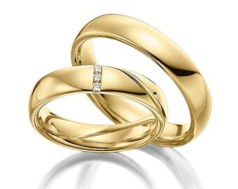 His and Hers Wedding Bands, Matching Wedding Rings Set ,10K 14K 18K Solid Yellow Gold Diamond Wedding Bands