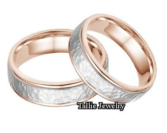 Platinum His and Hers Wedding Bands, Matching Wedding Rings Set, 14K Rose Gold and Platinum Hammered Finish Wedding Bands