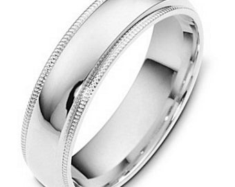 6mm 14K Solid White Gold Mens Wedding Band,Dome Milgrain Mens Wedding Ring,10K 14K 18K Solid White Gold Wedding Bands, Comfort Fit, Polished