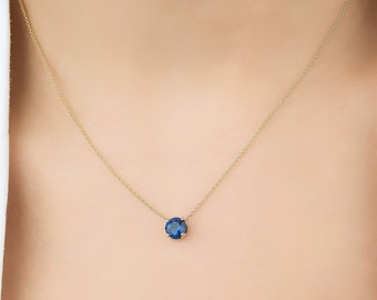 Sapphire Necklace, 14K Yellow Gold Sapphire Solitaire Necklace, 6mm Prong Set Round Blue Sapphire Necklace, September Birthstone, Gemstone