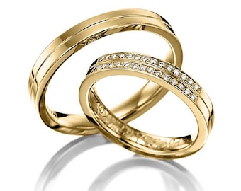His and Hers Wedding Bands, Matching Wedding Rings Set , 10K 14K 18K Solid Yellow Gold Wedding Bands, Diamond Eternity Wedding Rings