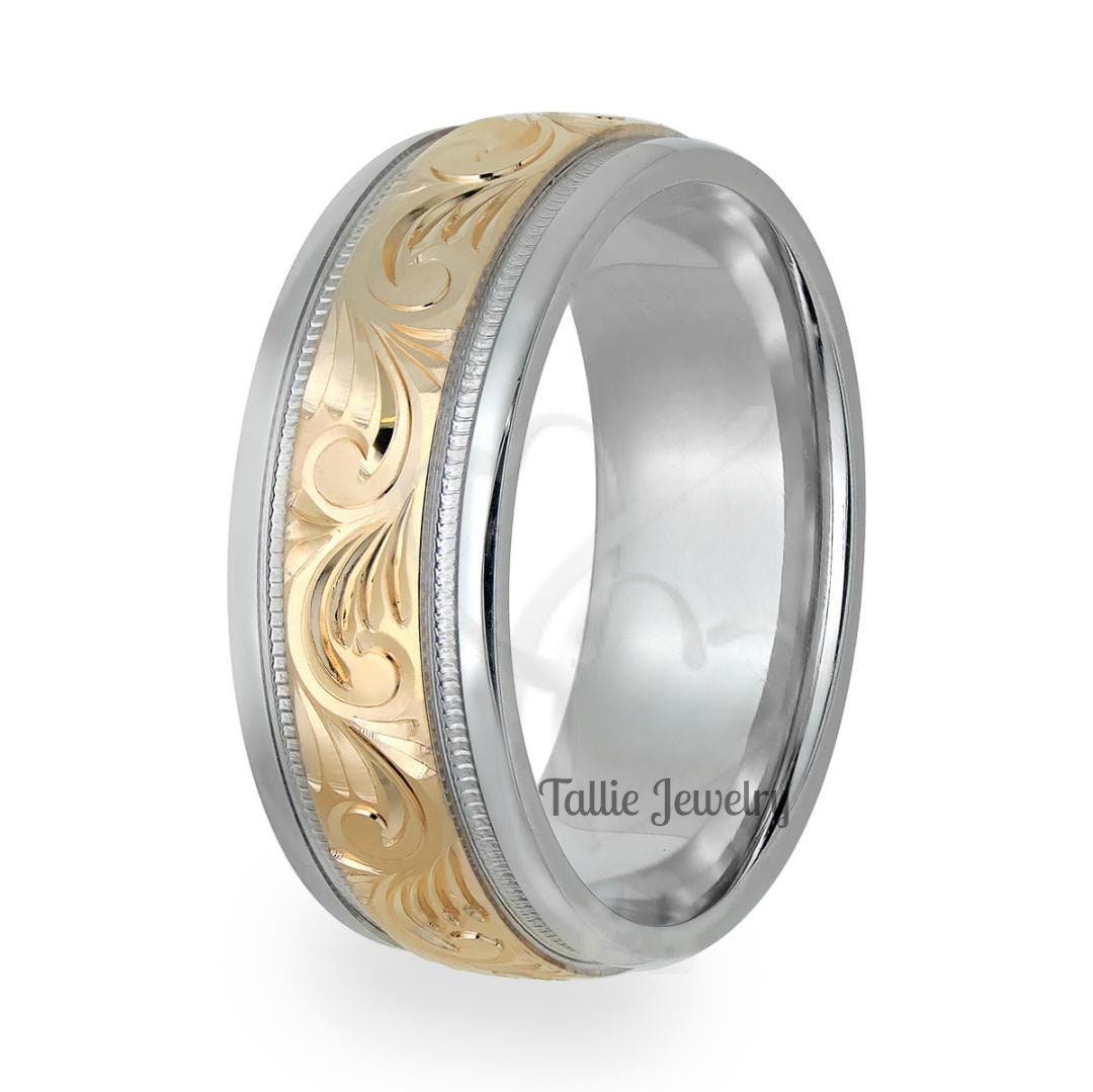 Two Tone Gold Hand Engraved Mens Wedding Bands, 7mm 14K White and ...