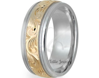 Two Tone Gold Hand Engraved Mens Wedding Bands, Hand Engraved Mens Wedding Ring, 7mm 14K White and Yellow Gold Hand Engraved Wedding Rings