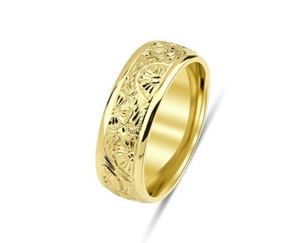 7mm 10K 14K 18K Solid Yellow Gold Hand Engraved Mens Wedding Band ,Hand Engraved Mens Wedding Ring, Comfort Fit, Polished,Hand Engraved Ring