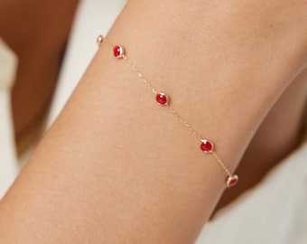 Ruby Bracelet, 14K Solid Yellow Gold Ruby Station Bracelet, Beaded Ruby Bracelet, July Birthstone, Gemstone, Gifts for Her, Gemstone