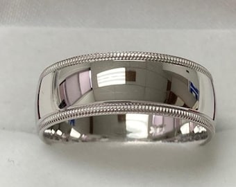 Mens White Gold Wedding Bands, Shiny Finish Milgrain Mens Wedding Rings, 8mm 10K 14K 18K Solid White Gold Wedding Bands, Plain Wedding Bands