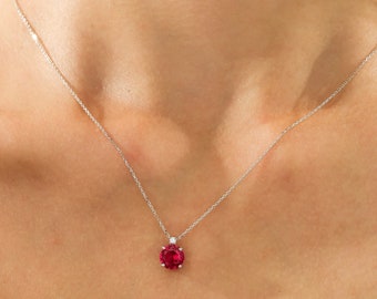 14K Solid White Gold Diamond and Ruby Solitaire Necklace, Diamond Solitaire Necklace, July Birthstone, Gemstone
