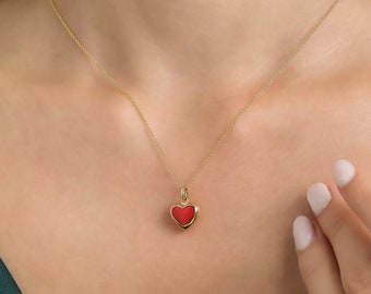 Puffed Heart Necklace, 14K Yellow Gold Red Coral Puffed Heart Necklace, Red Coral Puffed Heart Pendant, Heart Charm ,Valentines day Gifts