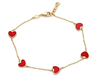 14K Solid Yellow Gold Heart Bracelet, Red Coral Heart Bracelet, Station Heart Bracelet,  Love Bracelet, Gifts for Her, Gold Bracelet