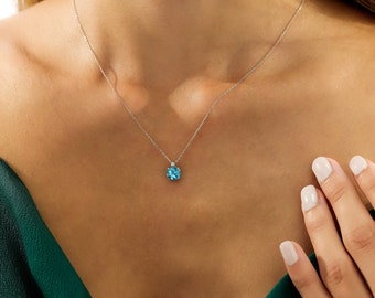 14K White Gold Topaz and Diamond Solitaire Necklace, Natural Blue Topaz and Diamond Necklace, Diamond Necklace, Solitaire Necklace, Gemstone
