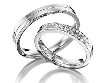 10K 14K 18K Solid White Gold Mens and Womens Wedding Bands, Diamond Eternity Wedding Rings, His and Hers Wedding Bands, Matching Rings