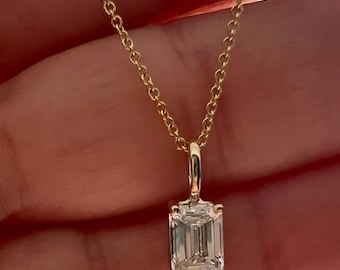 14K Solid Yellow Gold 1 Carat Emerald Cut Lab Grown Diamond Solitaire Necklace, Diamond Solitaire Pendant