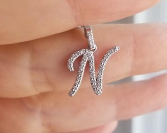 14K Solid White Gold Diamond Letter Necklace, 0.40 Carat Lab Grown  Diamond Initial Necklace , Script Letter N Pendant