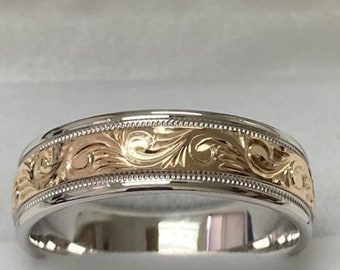 Hand Engraved Mens Wedding Band, Hand Engraved Mens Wedding Ring, 7mm 14K White and Yellow Gold Wedding Bands, Two Tone Gold Wedding Bands