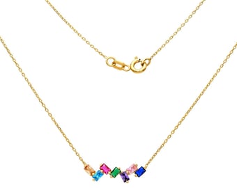 Gemstone Solitaire Necklace, 14K Solid Yellow Gold Solitaire Necklace, Multicolor Emerald Cut Necklace, Emerald, Ruby, Sapphire