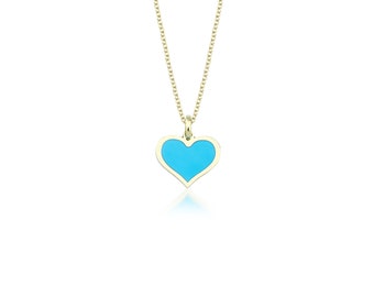 Turquoise Heart Necklace, 14K Yellow Gold Heart Necklace, Small Turquoise Heart Pendant, Gold Heart Necklace, Minimalist Heart Necklace