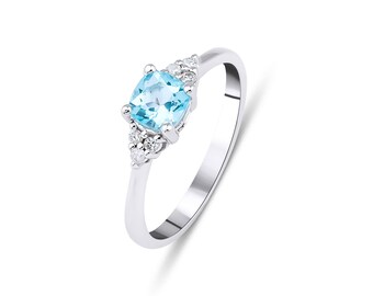 14K White Gold Cushion Cut Aquamarine and Diamond Ring, Engagement Rings, Wedding Bands, Eternity Rings, Gemstone Rings, Rings for Women
