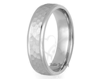 Hammered Finish Mens and Womens Wedding Bands, Rings for Men , His and Hers Wedding Rings,  6mm 10K 14K 18K Solid White Gold Wedding Bands