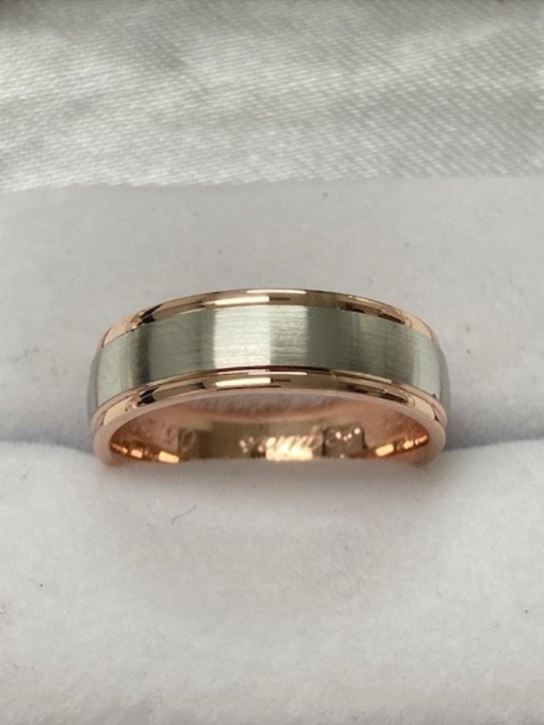 6mm 14K Solid White and Rose Gold Mens Wedding Bands Mens