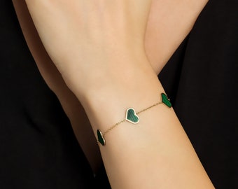 14K Solid Yellow Gold Heart Bracelet, Malachite Heart Station Bracelet, Green Malachite Heart Bracelet, Heart Charm, Love Bracelet