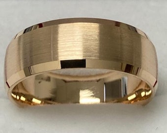 8mm 10K 14K 18K Solid Yellow Gold Mens Wedding Band, Satin Finish Beveled Edge Mens Wedding Ring