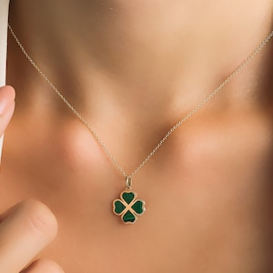 14K Yellow Gold Malachite Four Leaf Clover Necklace, Malachite Clover Pendant, Good Luck Charm, Irish Clover Necklace, Green Malachite