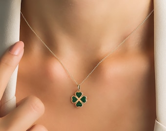 14K Yellow Gold Malachite Four Leaf Clover Necklace, Malachite Clover Pendant, Good Luck Charm, Irish Clover Necklace, Green Malachite