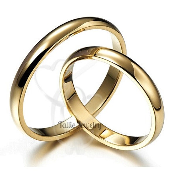 10K 14K 18K Yellow Gold Classic Plain Dome Wedding Bands, His and Hers Wedding Rings Set , Matching Wedding Bands