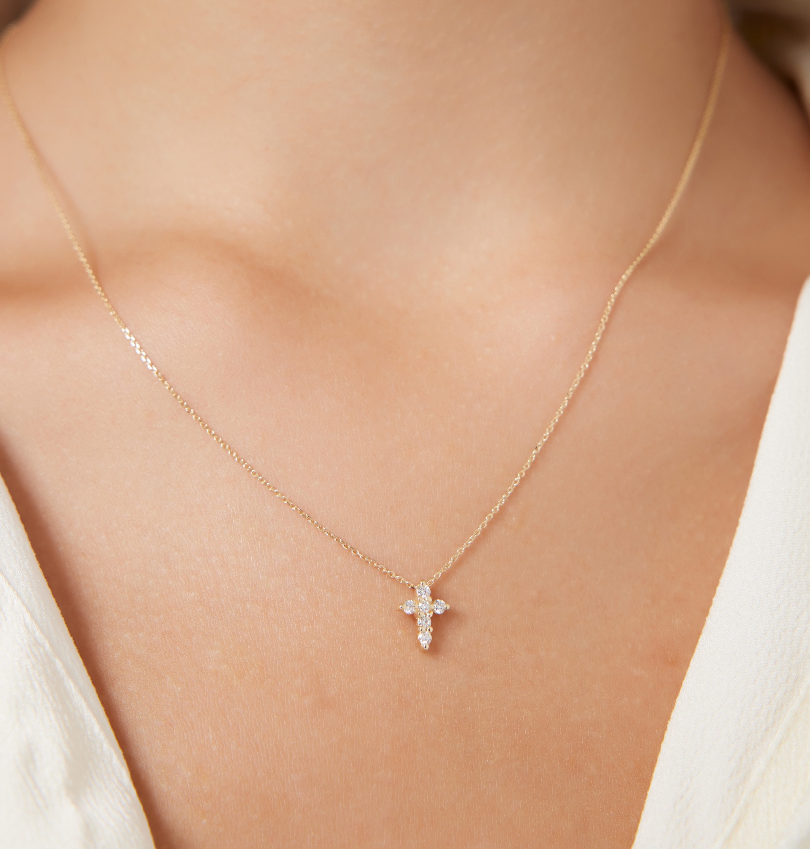 Diamond Cross Necklace, 14K Solid Yellow Gold Diamond Cross Necklace ...