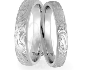 His and Hers Hand Engraved Wedding Bands, Matching Wedding Ring Set ,10K 14K 18K White Gold Mens and Womens Hands Engraved Wedding Rings