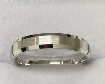 Platinum Mens Wedding Band, Platinum Mens and Womens Wedding Ring, 4mm Satin Finish Beveled Edge Platinum Wedding Bands, Comfort Fit