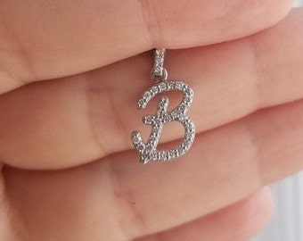 14K Solid Gold Diamond Initial Necklace,  0.40 Carat Lab Grown Diamond Initial Pendant in a 14K Gold, Script Letter B Necklace