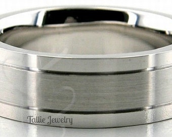 Mens White Gold Wedding Bands, Satin Finish  Mens Wedding Rings, 7mm 10K 14K 18K Solid White Gold Mens Wedding Bands