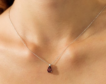 14K White Gold Diamond and Pear Shape Garnet Solitaire Necklace
