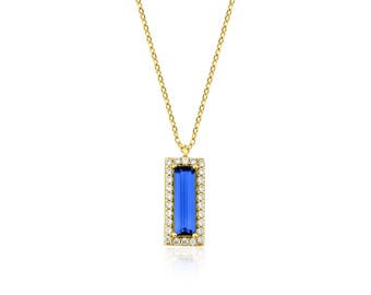 Baguette Sapphire Necklace, 14K Solid Yellow Gold Sapphire Solitaire Necklace, Dainty Sapphire Necklace, September Birthstone, Gemstone