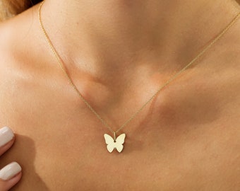 14K Solid Yellow Gold Butterfly Necklace, Minimalist Butterfly Necklace, Layering Necklace, Gifts for Her, Gold Necklace, Butterfly Pendant