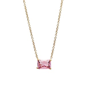 14K Solid Yellow Gold Emerald Cut Pink Sapphire Solitaire Necklace,Solitaire Pink Sapphire Necklace, September Birthstone, Gemstone Necklace