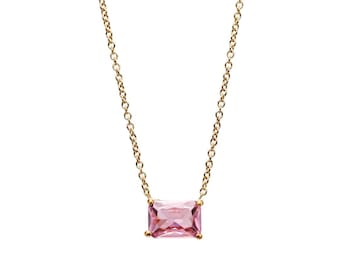 14K Solid Yellow Gold Emerald Cut Pink Sapphire Solitaire Necklace,Solitaire Pink Sapphire Necklace, September Birthstone, Gemstone Necklace