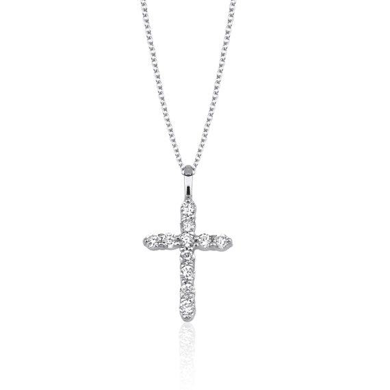 Diamond Cross Necklace 14K Solid White Gold Diamond Cross