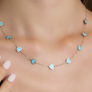 14K Solid Yellow Gold Heart Necklace, Turquoise Heart Necklace, Station Heart Necklace, Love Necklace, Gold Necklace, Valentines Days Gifts