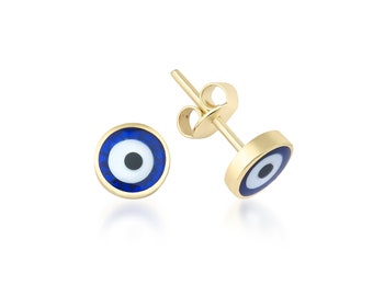 14K Solid Yellow Gold Round Evil Eye Earrings, Minimalist Evil Eye Earrings, Push Back Stud Earrings, Protection Jewelry