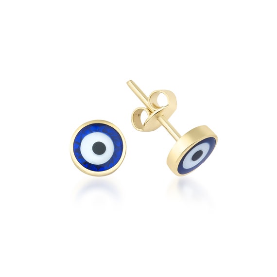 14K Solid Yellow Gold Round Evil Eye Earrings, Minimalist Evil Eye