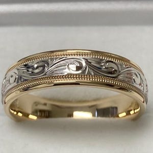 Two Tone Gold Wedding Bands, Hand Engraved Mens Wedding Band, Hand Engraved Wedding Rings,6mm 10K 14K 18K White and Yellow Gold Wedding Ring