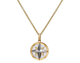14K Yellow Gold Mother of Pearl Compass Necklace, White Gold & Yellow Gold Mother of Pearl Compass Pendant, Compass Charm, North South
