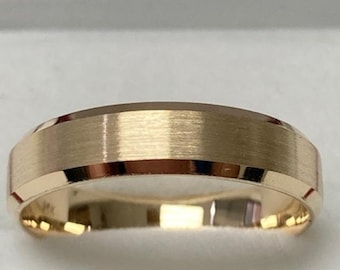5mm 10K 14K 18K Solid Yellow Gold Wedding Band, Satin Finish Beveled Edge Mens and Womens Wedding Rings, His and Hers Wedding Bands