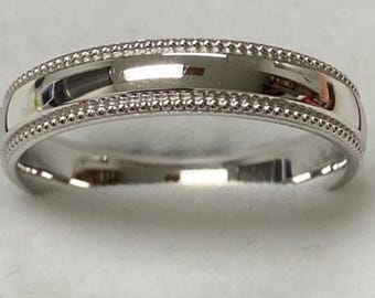 White Gold Mens Wedding Bands, 4mm 10K 14K 18K Solid White Gold Wedding Rings, Dome Milgrain Mens and Womens Wedding Bands